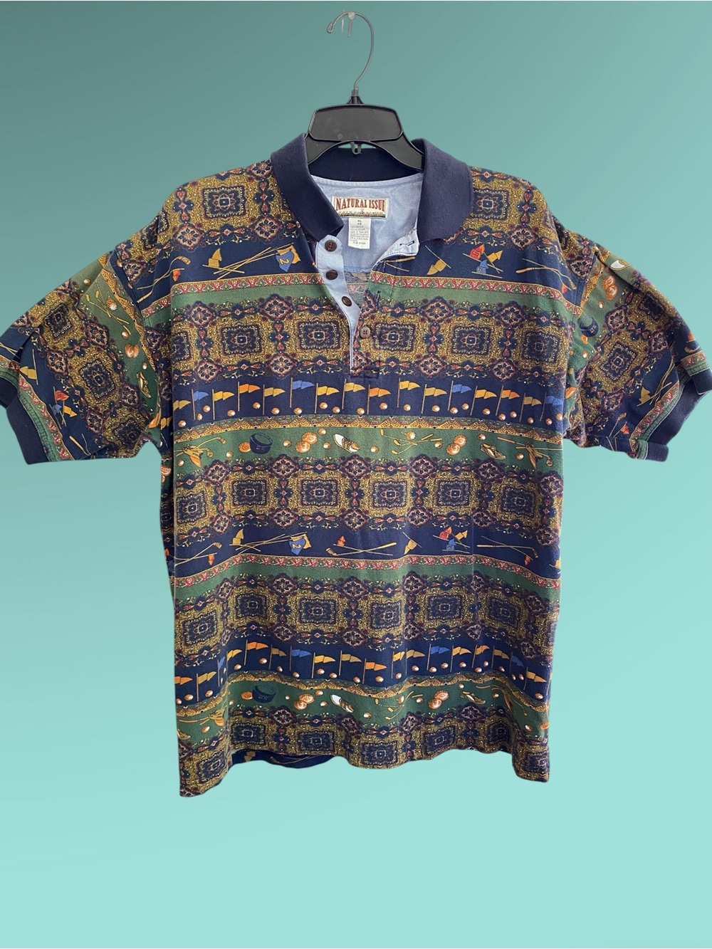 Vintage Polo Shirt NATURAL ISSUE Golf All-Over Print Mens Size Extra Large